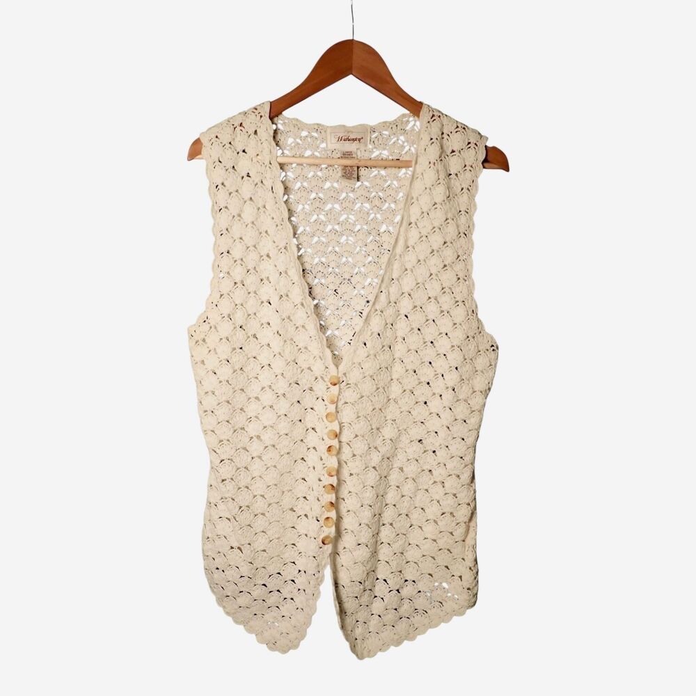 Vintage Worthington Crochet Vest Large Cream Cotton Ramie Button Boho Indie 90s